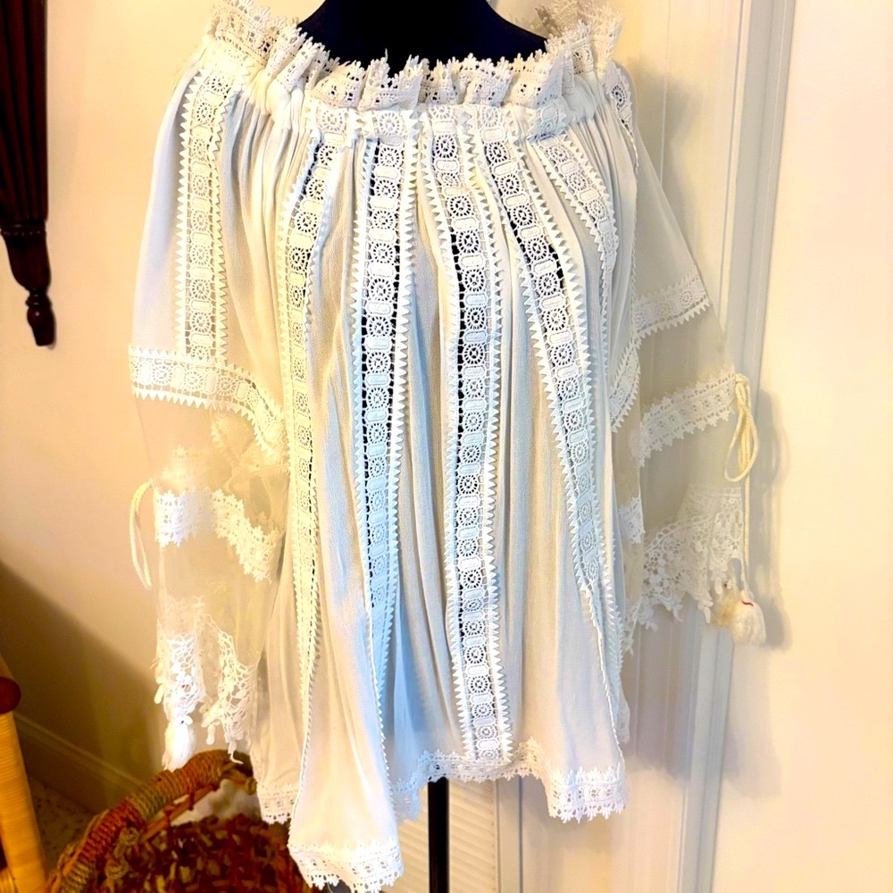 POL Anthropologie New White Bohemian Romantic White Lace & Tassels Top! Medium - Picture 3 of 13